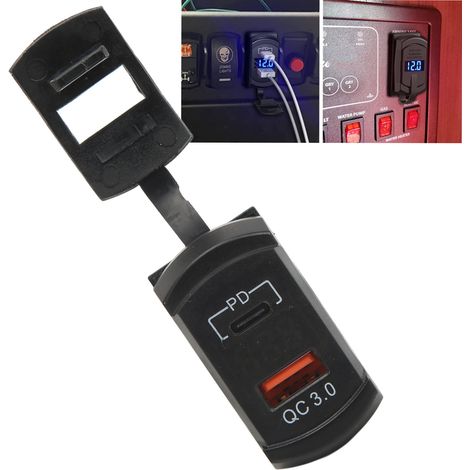 Umschaltbares Autoladegerät für Auto, Motorrad und Wohnmobil mit zwei USB-Anschlüssen (QC3.0 + PD), integrierter Spannungsanzeige und Modifikation für Handy-Ladegerät (blaue Leuchte). (1/5)