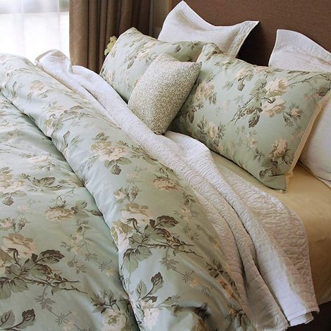 Parure de lit avec Housse de Couette et 2 taies d'oreiller 100% Coton égyptien Motif Floral Style Asiatique Chinoiserie Pivoine Fleurs Branches d'arbre Vert Menthe (1/5)