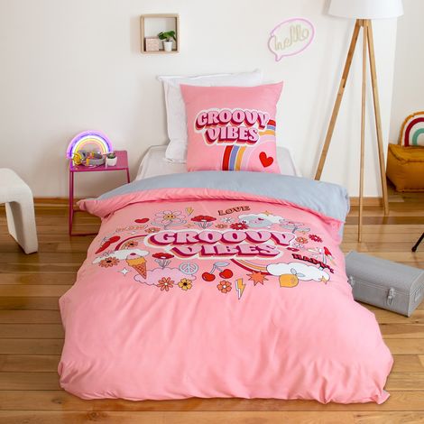 Parure de lit enfant GROOVY VIBES 140x200 cm en microfibre rose 2 pièces (1/5)