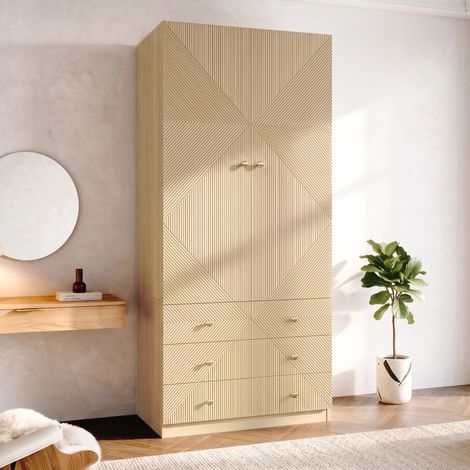 Armoire chambre 90x48x200 cm, Garde-robe avec grande penderie et 6 tiroirs, Meuble de rangement haut, en MDF style scandinave, Bois (1/5)