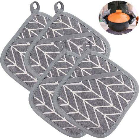 Ecleanfy - 4 Pcs Manique Cuisine en Coton Silicone Antidérapant, Gant de Cuisine Anti Chaleur Manique de Pot Carré pour la Cuisine et la Pâtisserie Gris (1/5)