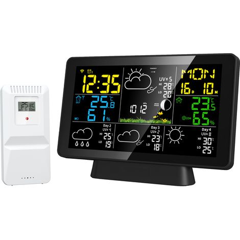 Réveil numérique Wi-Fi multifonctionnel avec support et capteur extérieur, contrôle par application, grand écran couleur VA, transmission sans fil de 150 m, température, humidité, fonction snooze (1/5)