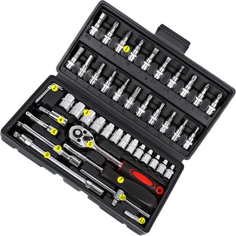 Coffret 46 pièces cliquet 1/4in avec douilles et embouts de tournevis, outil de réparation industrielle, noir (1/5)