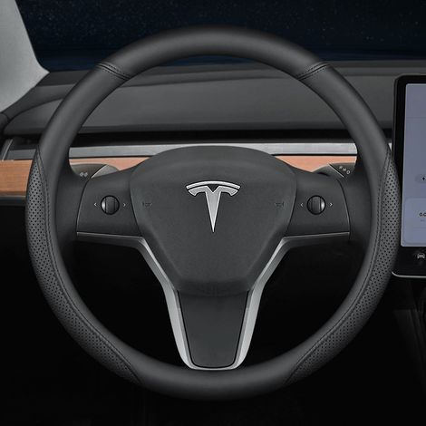 [KK] Housse de volant pour Tesla Model 3/Y/Model X/S - Modèle rond spécial Tesla (ligne noire) sans étiquette - 38 cm/1 bande (1/5)