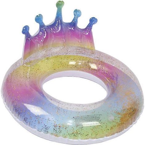 Bouée gonflable arc-en-ciel à paillettes avec ailes et couronne, idéale pour la piscine en été (90 cm de diamètre). (1/5)