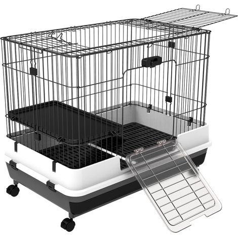 Cage à lapins et cochons d'Inde métal noir avec 2 portes et bac amovible 81,2x52,7x70cm