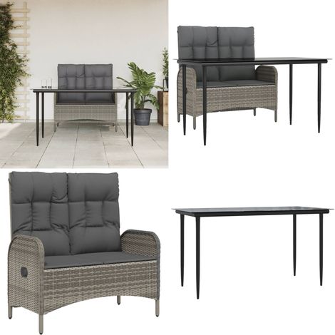 Set da Pranzo da Giardino 2 pz con Cuscini in Polyrattan Grigio - Tavolo da pranzo da esterno - Panca da giardino