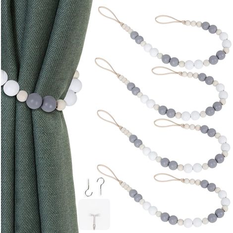 Lot de 4 embrasses de rideaux, perles en bois naturel, corde en cuir, crochets inclus, pour chambre à coucher et salon