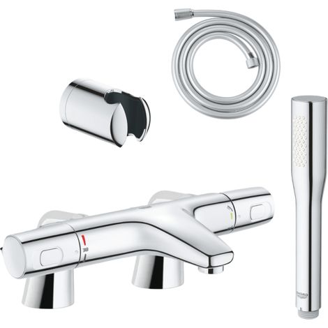 Pack mitigeur thermostatique GROHE Trend avec colonnettes + Douchette 1 jet Vitalio Get Stick + Flexible 1750 mm et support