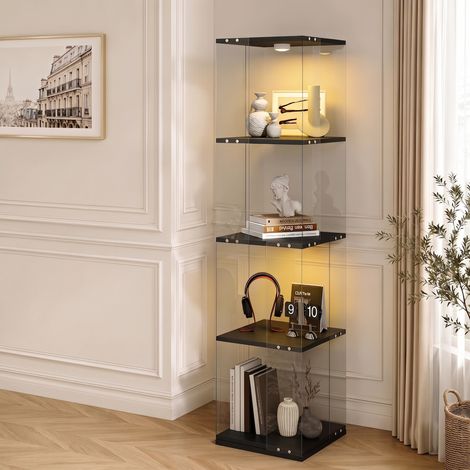 Vitrina expositora giratoria 360°, 160x38x38 cm, estantería para figuras y libros con iluminación LED RGB, cristal y 4 niveles, negra (1/5)