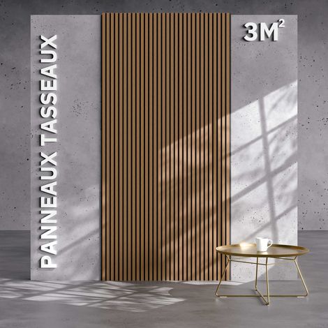 Mon Marché Déco – Lot de 2 panneaux décoratifs muraux en bois de chêne brun – Dimensions 2500 x 600 mm – Surface 3 m² – Feutrine acoustique noire