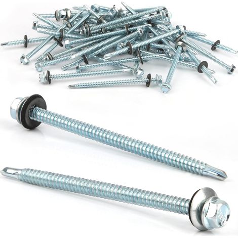 50PCS Vis Autoforeuse Metal 6,3x100 mm Vis Autoperforante Inox Bac Acier Hexagonale Vis Autoperceuse pour Metal Vis Etanche Avec Joint Tole Toiture Autoforante Auto Foreuse pour Plus Fixation(Argenté) (1/5)