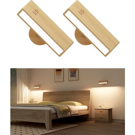 Bleosan – Lot de 2 appliques murales intérieures en bois massif – Lampe sans fil rechargeable USB – Luminosité réglable 160lm – Installation sans perçage (1/5)