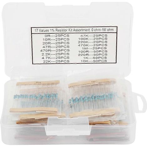 525-teiliges Sortiment an Metallfilmwiderständen (1/4 W, 17 Werte, 0–1 MΩ)