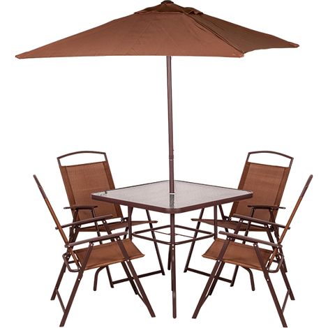 Gartenmöbelset 6tlg. mit 4 Stühlen, Tisch und Sonnenschirm braun 165x65x112