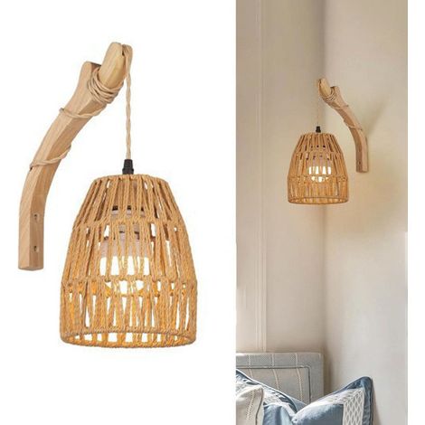 Aplique de pared de ratán tejido para dormitorio, sin necesidad de cableado, funciona con pilas, montaje en pared, bombilla no incluida, casquillo E27
