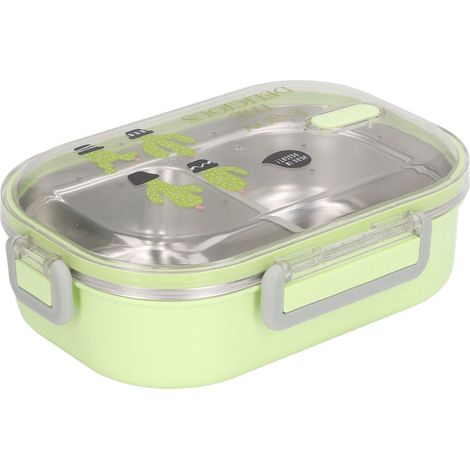 Lunchbox aus Edelstahl 304 mit isolierten Fächern, im Bento-Stil, auslaufsicher und transparent, mit grünem Kaktus-Design. Ideal für Kinder und Schüler. (1/5)