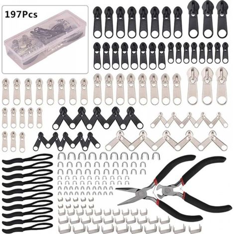 Autres outils spéciaux, remplacement de fermetures à glissière, kit de réparation de fermetures à glissière 197 pièces avec pince pour l'installation de fermetures à glissière pour sacs, vestes, tente (1/5)