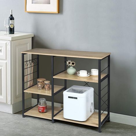 Woltu – Étagère de cuisine en métal et bois avec 5 tablettes – Dimensions 90 x 40 x 83,5 cm – Couleur noir et chêne clair – Stabilité renforcée (1/4)