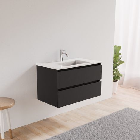 Inda - Badezimmerschrank 2 Schubladen L.80 mit abgerundetem Waschbecken - Schwarzer Ledereffekt (1/5)
