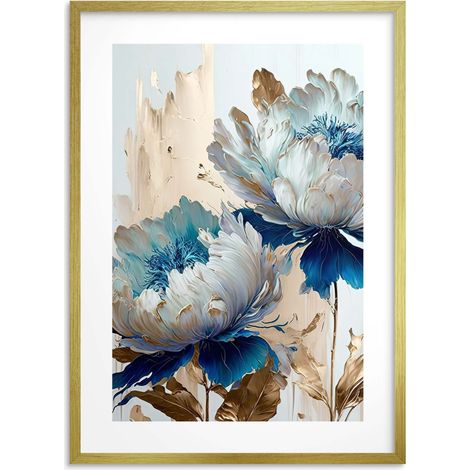 Elegantes Wandposter mit blauen und goldenen Blumen für eine glamouröse Wand (1/5)