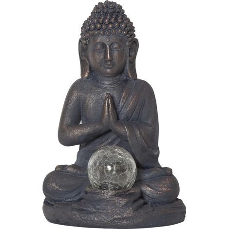 LED Solar-Buddha, Gartendeko mit Dämmerungssensor, Polyresin, grau-gold, warmweiß, H 27cm (1/5)