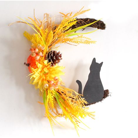 Couronne de lune et chat d'Halloween, décoration de porte, chat noir effrayant, emballage en papier