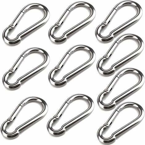 10 Karabinerhaken, 40 mm x 4 mm, Edelstahl 304, mit Schnapphaken, Tragfähigkeit bis ca. 80 kg.