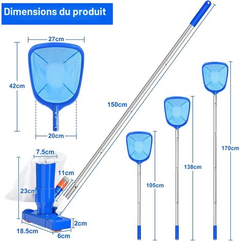 Aspirateur Piscine avec Épuisette de Surface Piscine, 2024 Kit d'entretien De Piscine Aspirateur Portable avec Tige de 150cm pour Étang, Fontaine (1/4)