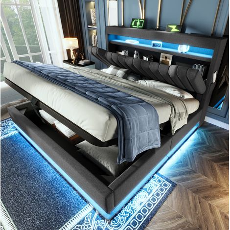 lit adulte 180 x 200 cm capitonné gris en lin avec LED, USB et grand rangement – 180 x 200 cm (1/5)