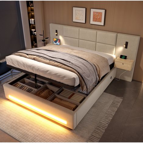 Letto contenitore 210x160x105 cm in velluto beige, contenitore integrato, senza materasso – MEUBLIV (1/5)