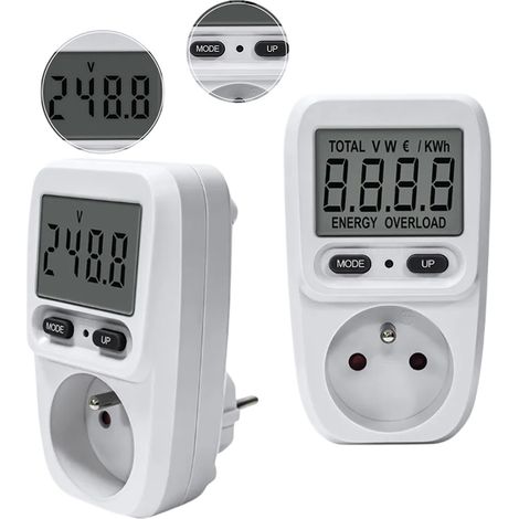 2Pcs Compteur d'électricité à prise mobile, Wattmètre, 16 A / 3680 W, Prises France - Rétroéclairage - Multifonction (1/5)