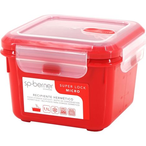 SP BERNER Hermético SUPER LOCK MICRO 1,1 L., cuadrado, apto para cocinar al vapor en el microondas, ideal transporte y almacenamiento de alimentos, cierre clip (1/5)