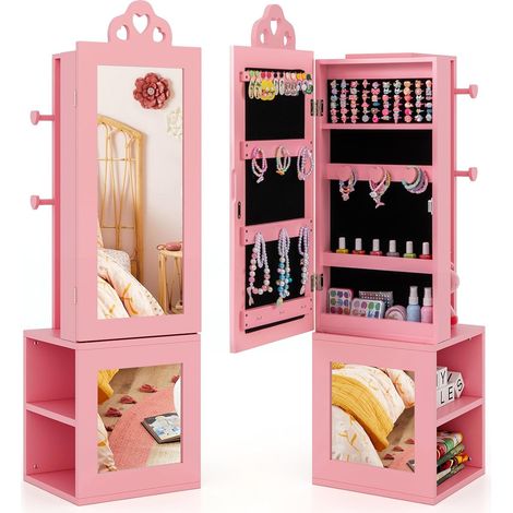 GOPLUS Armoire à Bijoux Enfant Fille, 3 en 1 Armoire de Bijoux sur Pied avec Miroir Pleine Longueur, Porte-vêtements, Kit Anti-basculement, Motif Cœur, pour Chambre d'Enfants (Rose) (1/5)
