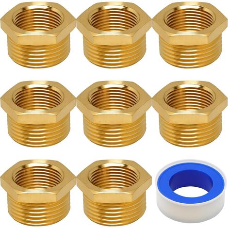 8 Pcs Reduction 1/2 Female 3/8 Male, Adapter 1/2 Inch Female to 3/8 Inch Male BSP Brass Thread, Brass Nipple Reducers for Hose Connection Conversion + 1 Sealing Tape (1/5)