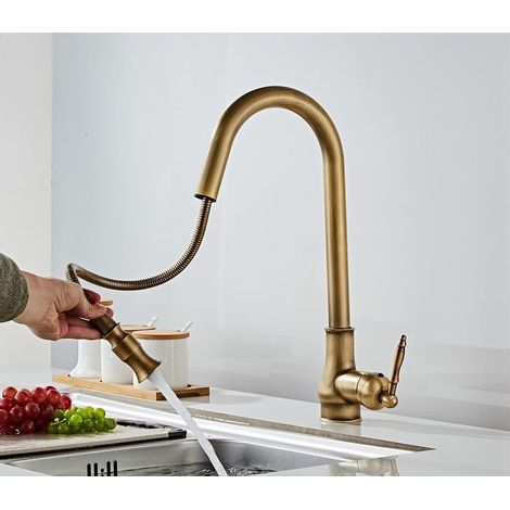 Robinet de cuisine antique laiton – Mitigeur rotatif 360° avec douchette extensible – Économie d'eau 30% – Bec haut céramique (1/5)