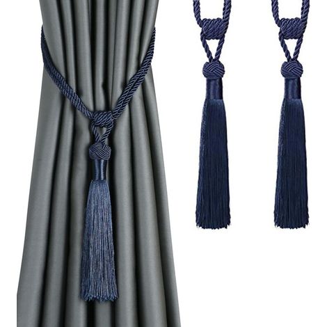 Lot de 2 embrasses de rideaux à longs pompons, faites à la main, en corde tressée, style européen, décoratives (bleu foncé) (1/5)