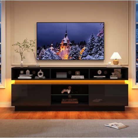 Meuble TV 160x35x60 cm en MDF et verre noir avec LED, rangement gain de place – MEUBLIV (1/5)