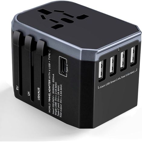 Adaptateur Voyage Tout-en-Un avec 4 USB 5.6A et 1 USB C Adaptateur de Prise Universelle Dépoli France vers Anglaise, USA (1/5)
