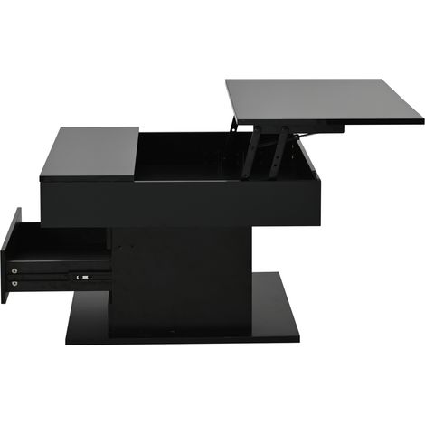 Tavolino da caffè quadrato elevabile 70 x 70 x 45 cm nero lucido con 1 cassetto e vano nascosto (1/5)