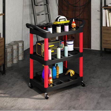Carro de taller 83x43x97 cm de plástico negro con 3 estantes para garaje - MEUBLIV (1/5)