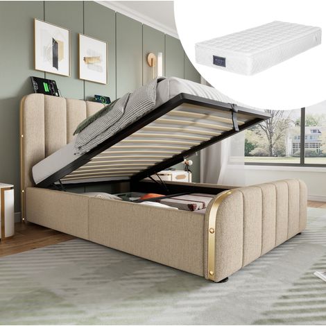 Lit coffre rembourré en lin beige 90x200 cm avec matelas, USB/Type-C et sommier à lattes (1/5)
