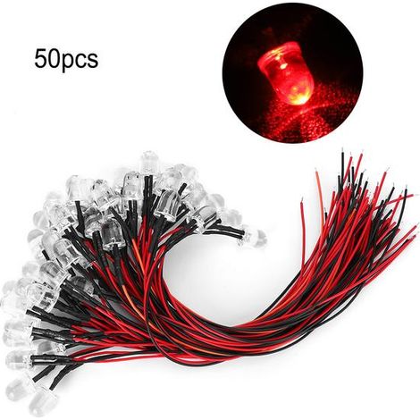 Lot de 50 diodes LED avec câblage, 12 V, rondes, 10 mm, rouges (1/5)