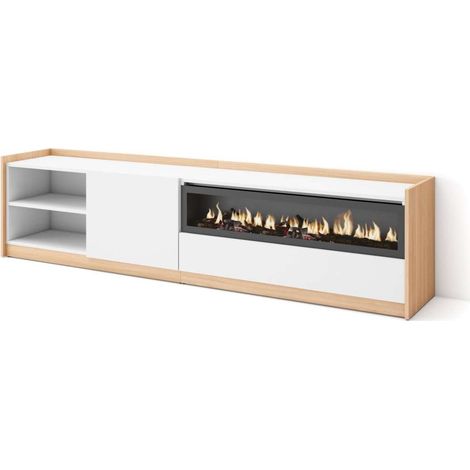 Mueble TV Marbella-02 de 207x50x37 cm con chimenea eléctrica, color blanco y roble soft (1/4)