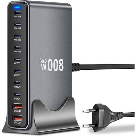 Leistungsstarkes 800-W-Schnellladegerät mit 10 Anschlüssen, 8 USB-C und 2 USB-A, Multi-Geräte-Ladestation für Smartphones, Tablets und Laptops (1/5)