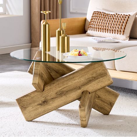 Tavolino da caffè rotondo in MDF e vetro temperato trasparente 79 cm, altezza 45 cm DESVIAE (1/5)