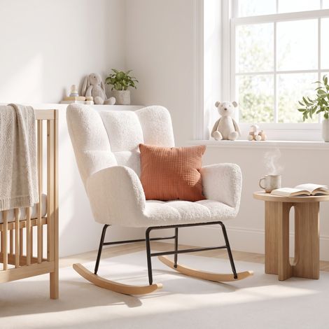 Rocking chair moderne avec accoudoirs rembourrés, pieds en bois de hêtre, dossier haut pour salon et chambre, salle d'allaitement, beige