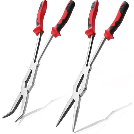 Lot de 2 pinces à bec effilé droites et coudées à 45 degrés à double articulation - Pince à bec effilé extra longue avec mâchoire crantée - Pinces longue portée pour espaces étroits (1/5)