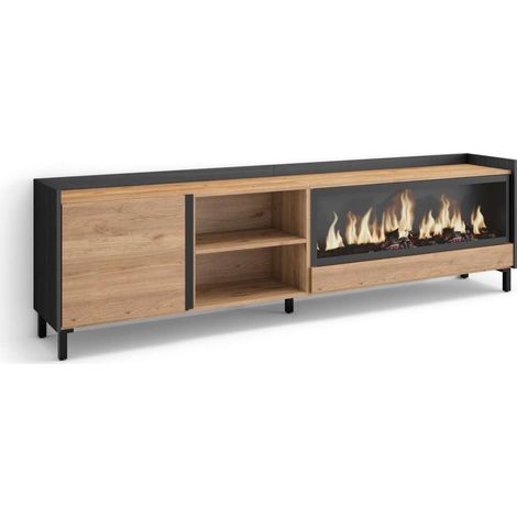 Mueble TV Teba-01 de 212x61x35 cm con chimenea eléctrica XXL, diseño industrial, color roble y negro (1/4)