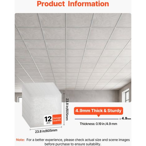 Dalles de Plafond en PVC 605x605 mm Lot de 12, Panneaux Décoratifs pour Plafond Suspendu, Effet Marbre Blanc, PVC Expansé, Résistan… (1/5)